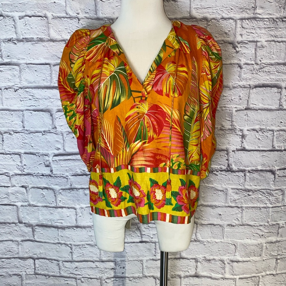 Rachel Roy Tropical Print Linen Blend Blouse. Bright & Beautiful. Size Small.